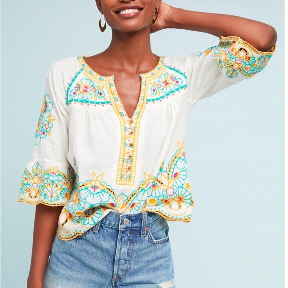 Anthropologie Tops - Anthropologie White Embroidered Tunic with Teal & Yellow Accents